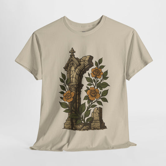 Botanical ruins T-shirt with ancient statue and flowers, fantasy nature art – Basic Raven Apparel