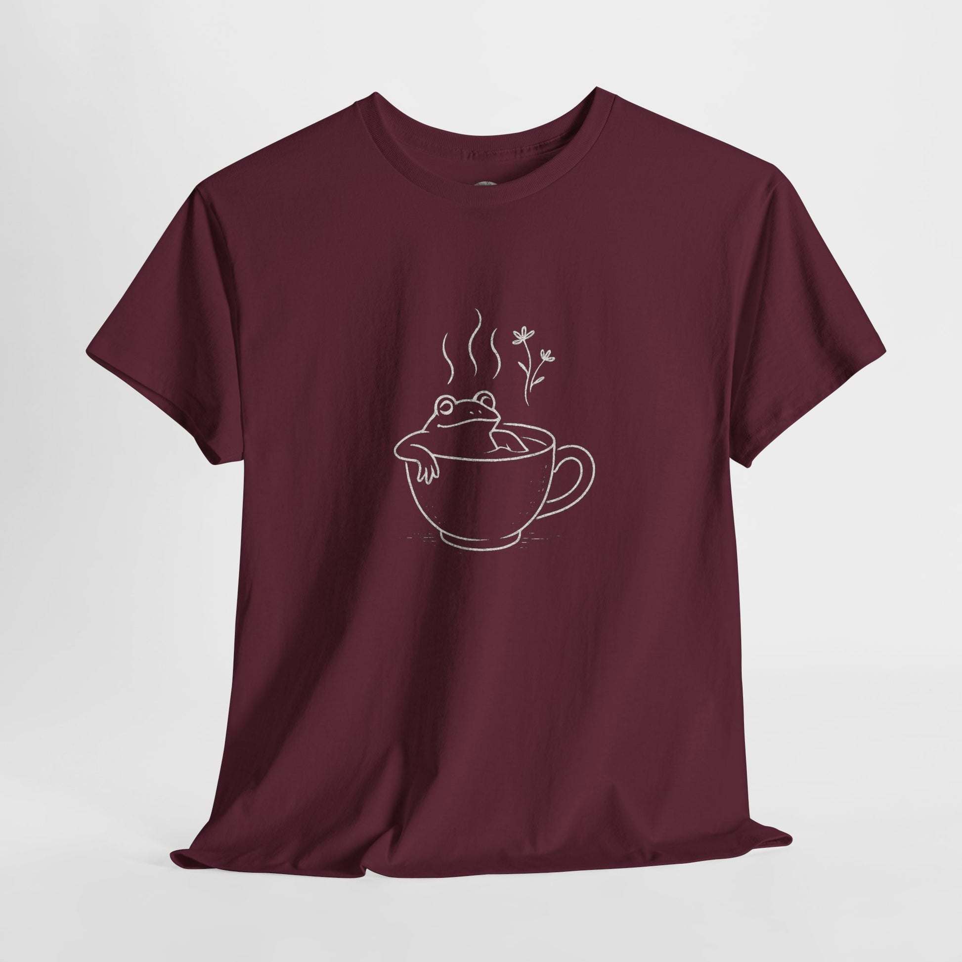 Frog teacup T-shirt, whimsical line art of frog sitting in tea – Basic Raven Apparel
