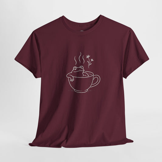 Frog teacup T-shirt, whimsical line art of frog sitting in tea – Basic Raven Apparel