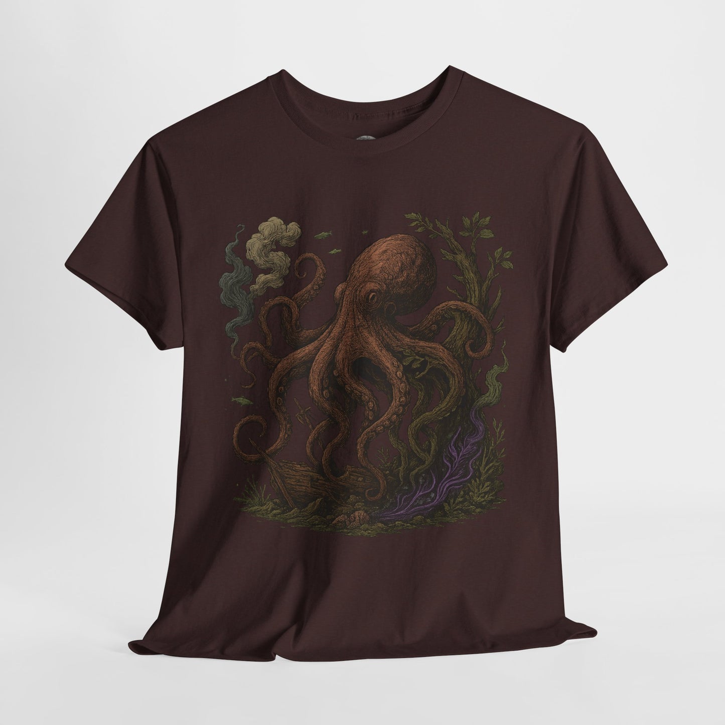 Octopus Shipwreck T-shirt, fantasy sea monster attacking ship ocean artwork – Basic Raven Apparel