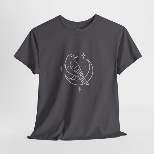 Celestial bird T-shirt, cosmic fantasy design with glowing stars and line art – Basic Raven Apparel
