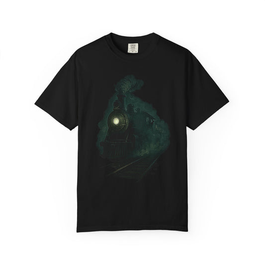 Vintage Train T-shirt, dark fantasy train emerging from fog artwork – Basic Raven Apparel
