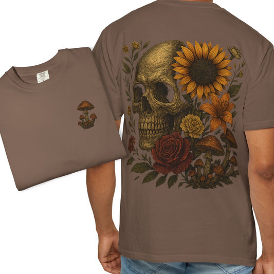 Boho skull and mushrooms T-shirt, psychedelic fantasy art with sunflowers – Basic Raven Apparel