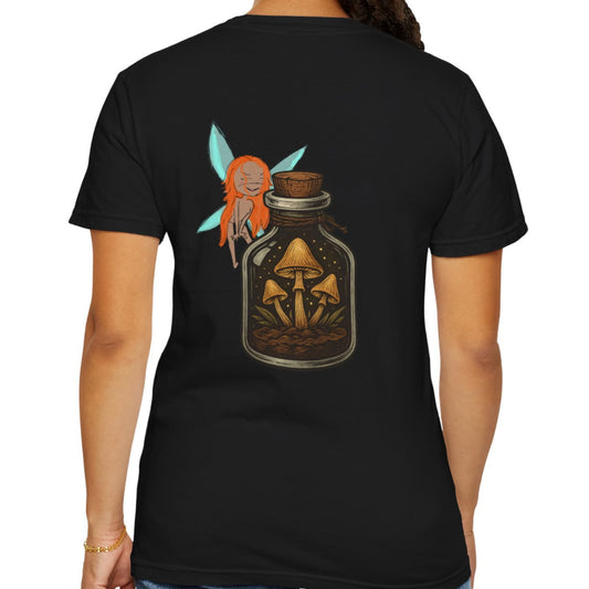 Fairy mushroom T-shirt, whimsical fantasy fairy with glowing mushrooms art – Basic Raven Apparel