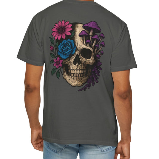 Floral skull T-shirt, gothic sugar skull with roses and mushrooms – Basic Raven Apparel