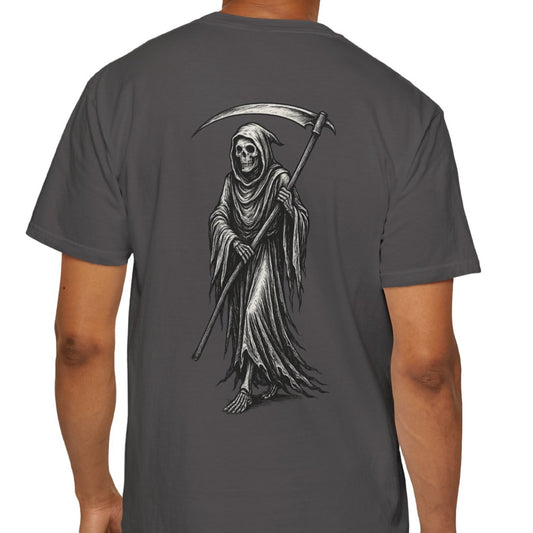 Grim Reaper T-shirt, dark fantasy skeleton with scythe horror art – Basic Raven Apparel