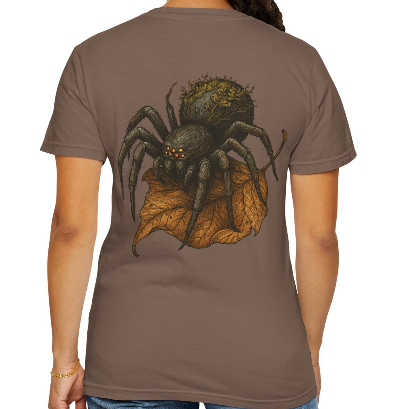 Mossy Spider T-shirt, creepy fantasy spider with mossy forest design – Basic Raven Apparel