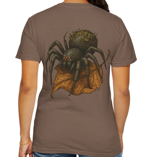 Mossy Spider T-shirt, creepy fantasy spider with mossy forest design – Basic Raven Apparel