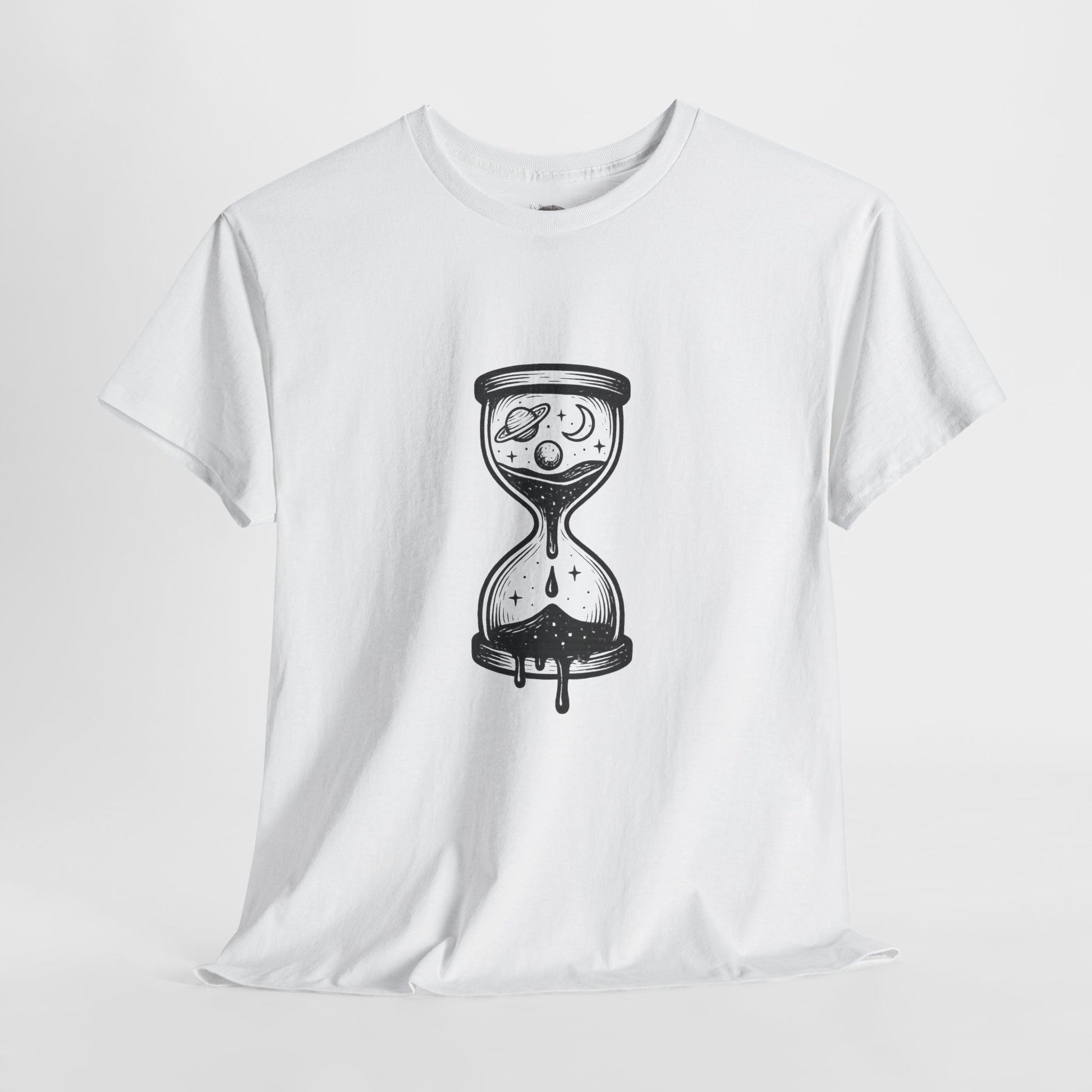 Hourglass Universe T-shirt, surreal cosmic galaxy sand timer design – Basic Raven Apparel