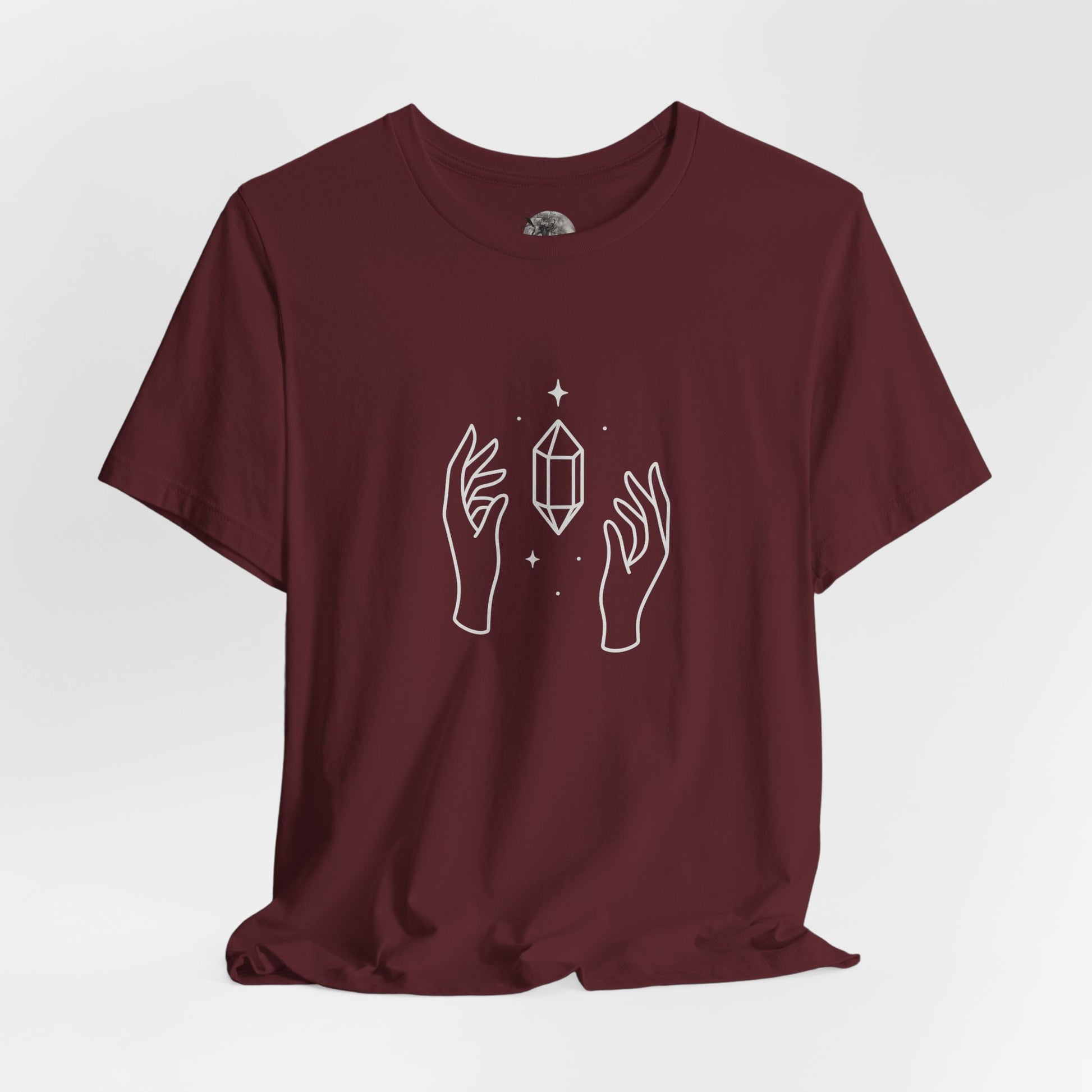 Celestial crystal T-shirt, mystical hand and crystal line art design – Basic Raven Apparel