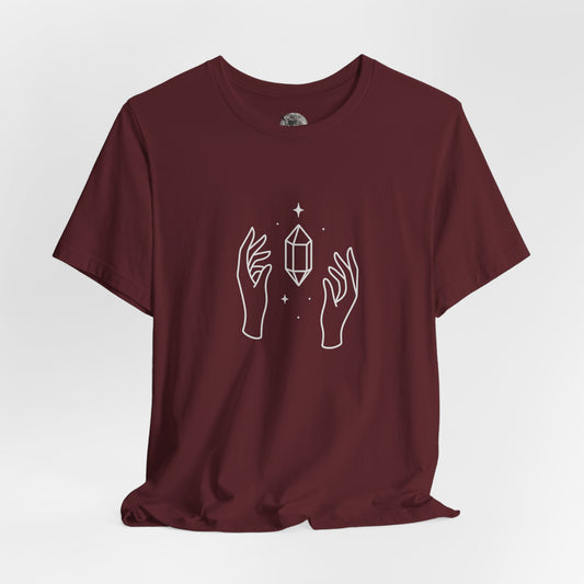 Celestial crystal T-shirt, mystical hand and crystal line art design – Basic Raven Apparel