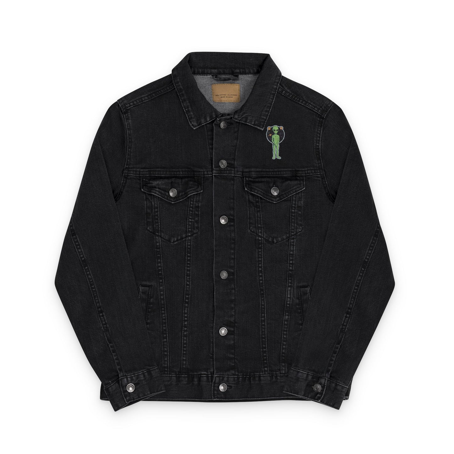 Embroidered denim jacket, stylish black jean jacket with fantasy patch art – Basic Raven Apparel