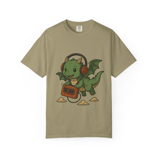 Music Loving Dragon T-shirt, cute fantasy dragon with headphones cartoon art – Basic Raven Apparel