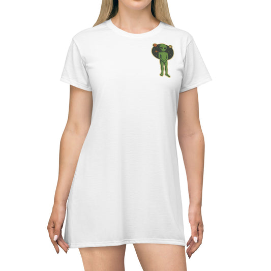 Alien Buddy T-shirt dress, casual unisex clothing with playful alien art – Basic Raven Apparel