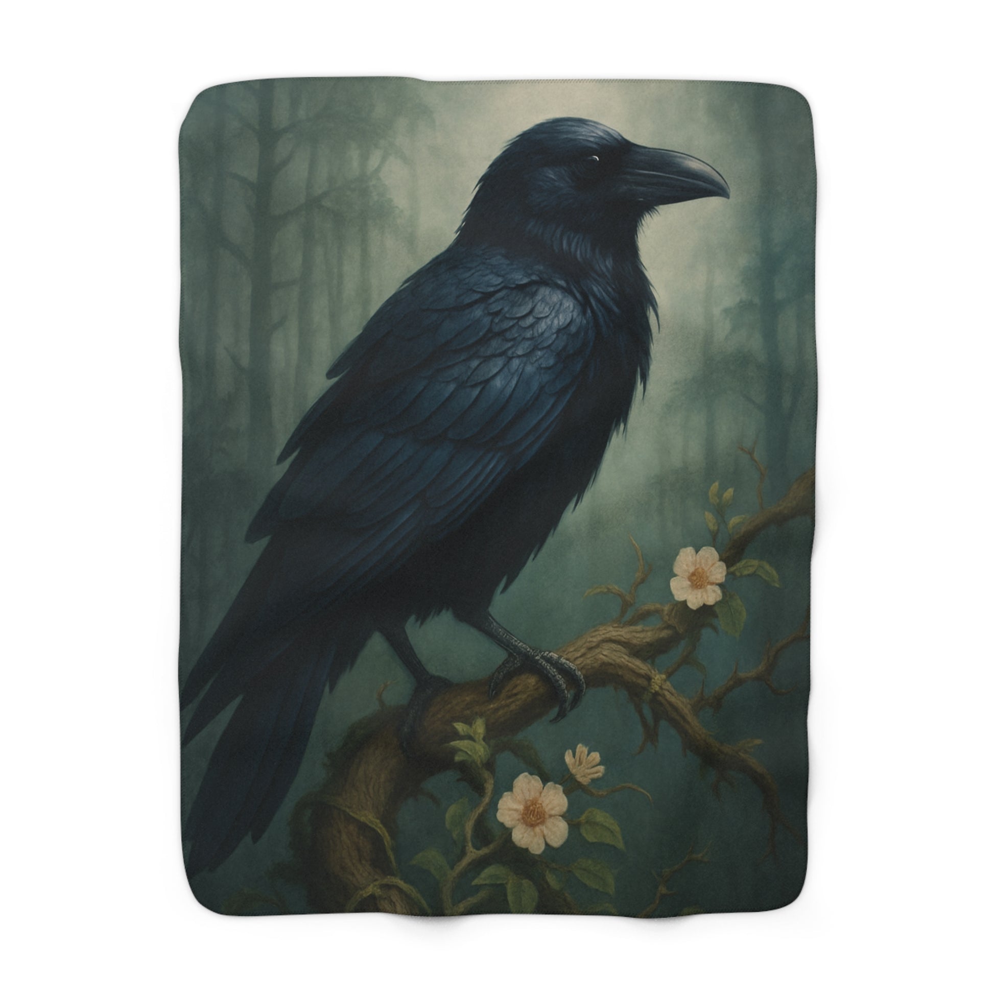 Mystical raven sherpa fleece blanket, fantasy black raven in enchanted forest – Basic Raven
