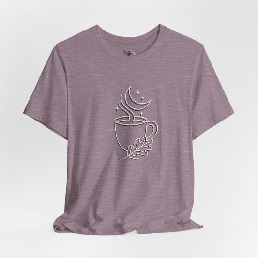 Midnight Brew T-shirt, magical coffee cup with crescent moon fantasy art – Basic Raven Apparel