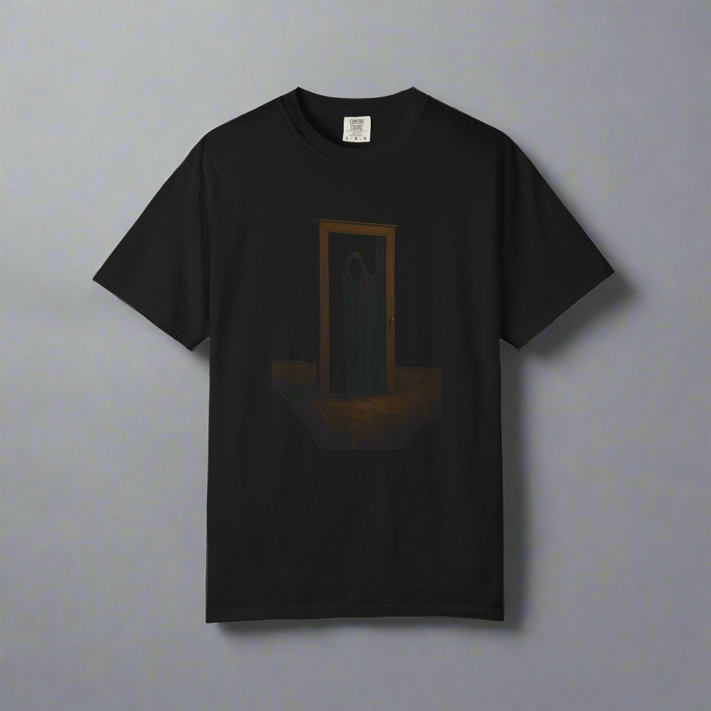 Door in the Meadow Halloween T-shirt, eerie fantasy doorway artwork – Basic Raven Apparel