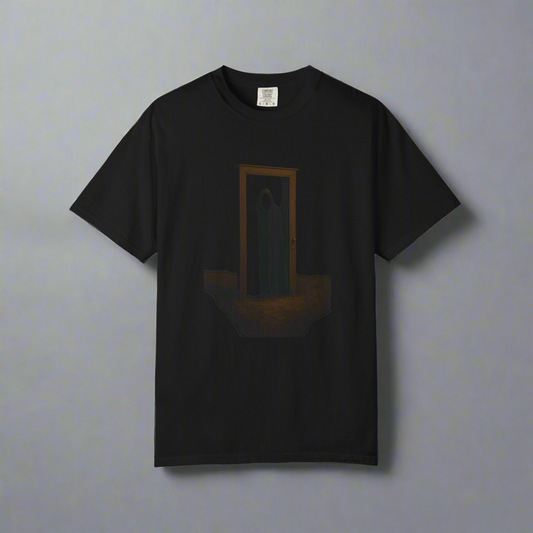 Door in the Meadow Halloween T-shirt, eerie fantasy doorway artwork – Basic Raven Apparel
