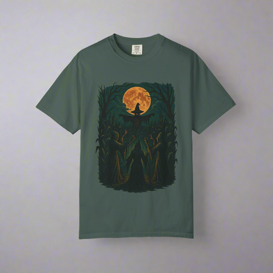 Midnight in the Cornfield Halloween T-shirt, eerie haunted cornfield scene – Basic Raven Apparel