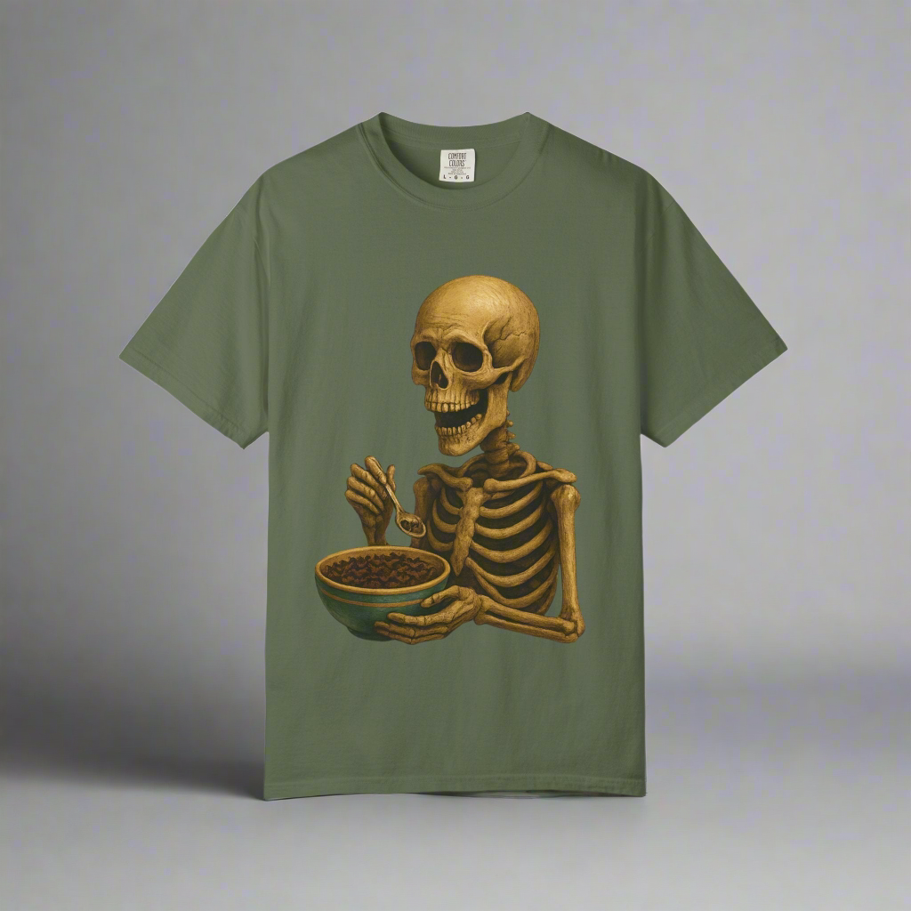 Skully Breakfast Halloween T-shirt, skeleton eating cereal spooky humor design – Basic Raven Apparel