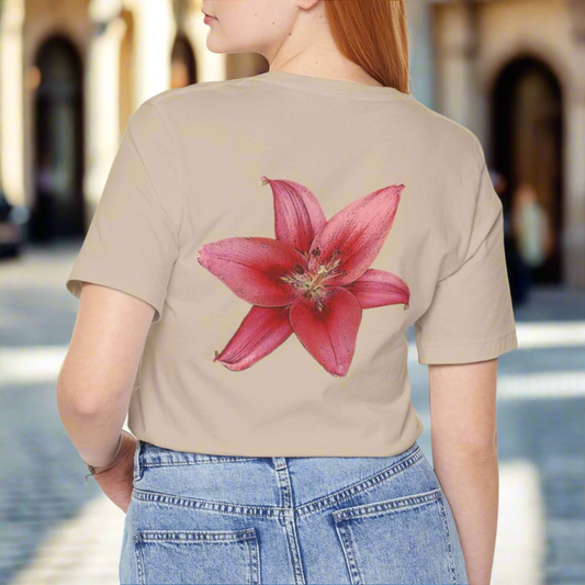 Stargazer Lily T-shirt, floral fantasy design with large pink lily graphic – Basic Raven Apparel