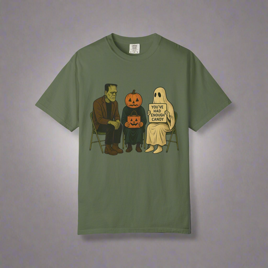 Halloween candy intervention T-shirt, spooky trick-or-treat ghost graphic – Basic Raven Apparel