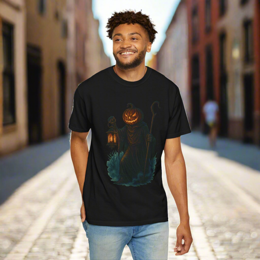 Spooky Pumpkin Reaper Halloween T-shirt, grim reaper with jack-o-lantern head – Basic Raven Apparel