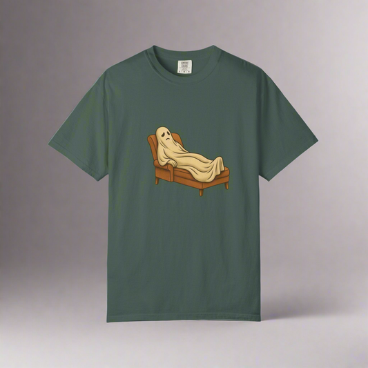 Tired Spirit Halloween T-shirt, spooky ghost resting in coffin design – Basic Raven Apparel