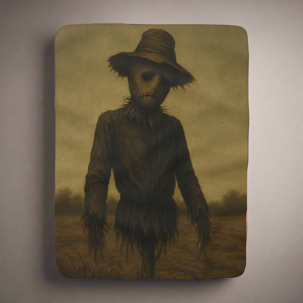Emotional scarecrow sherpa blanket, spooky Halloween haunted field artwork – Basic Raven Apparel
