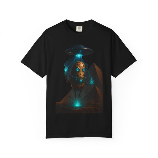 Ancient alien Bee-ng T-shirt, glowing sci-fi figure with cosmic design – Basic Raven Apparel