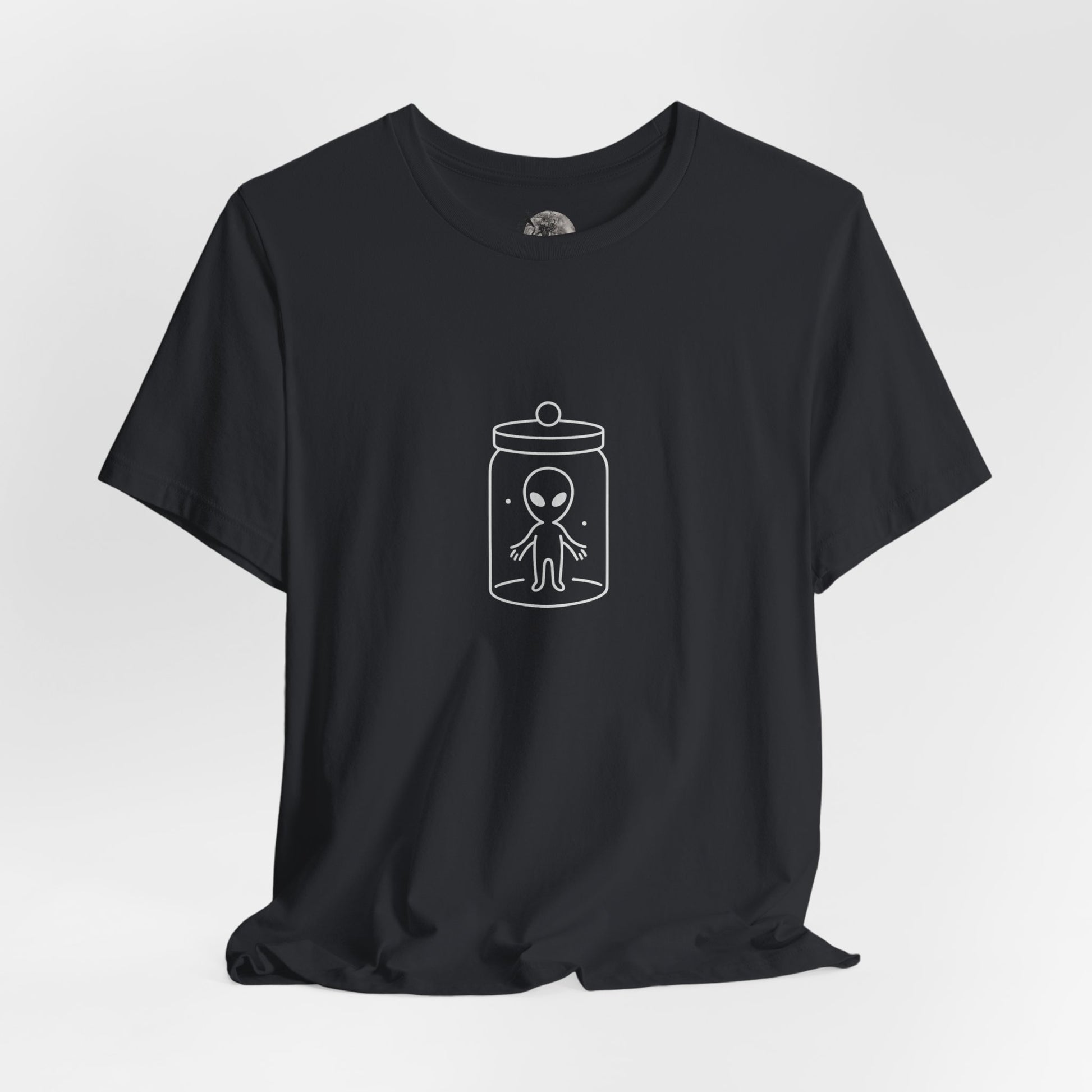 Starglow Captive T-shirt, glowing alien figure in jar cosmic artwork – Basic Raven Apparel
