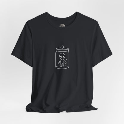 Starglow Captive T-shirt, glowing alien figure in jar cosmic artwork – Basic Raven Apparel