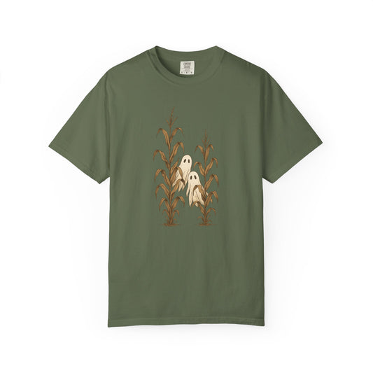 Ghosts in the Grain T-shirt, spooky Halloween wheat field spirits design – Basic Raven Apparel