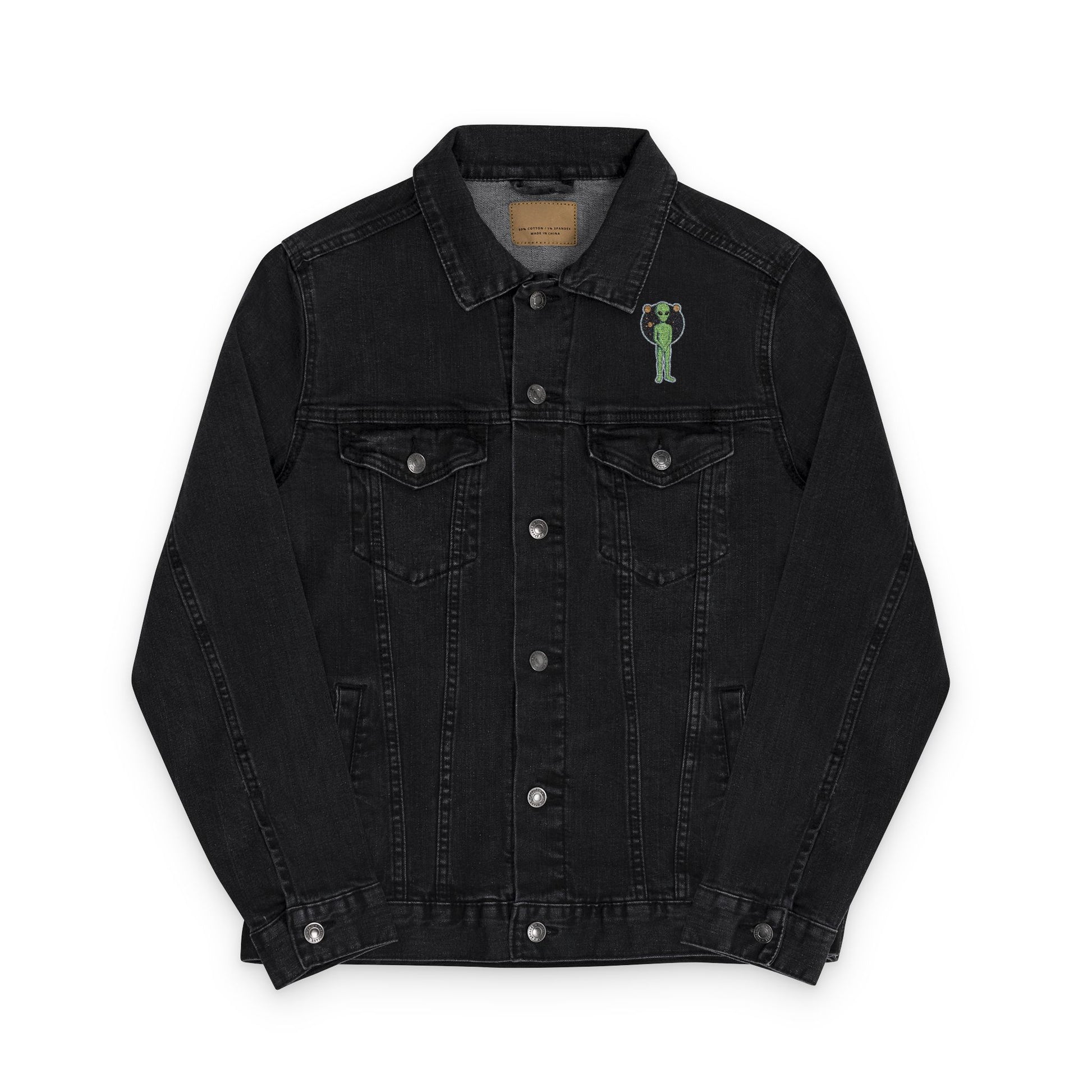 Embroidered denim jacket, stylish black jean jacket with fantasy patch art – Basic Raven Apparel