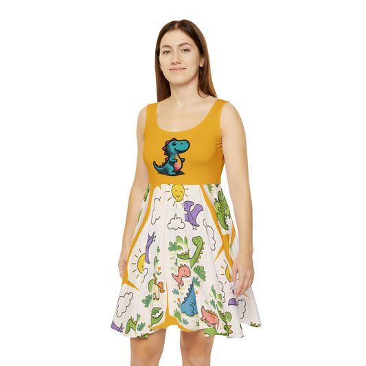 Dinosaur print women’s dress, playful colorful dinosaur artwork fashion – Basic Raven Apparel