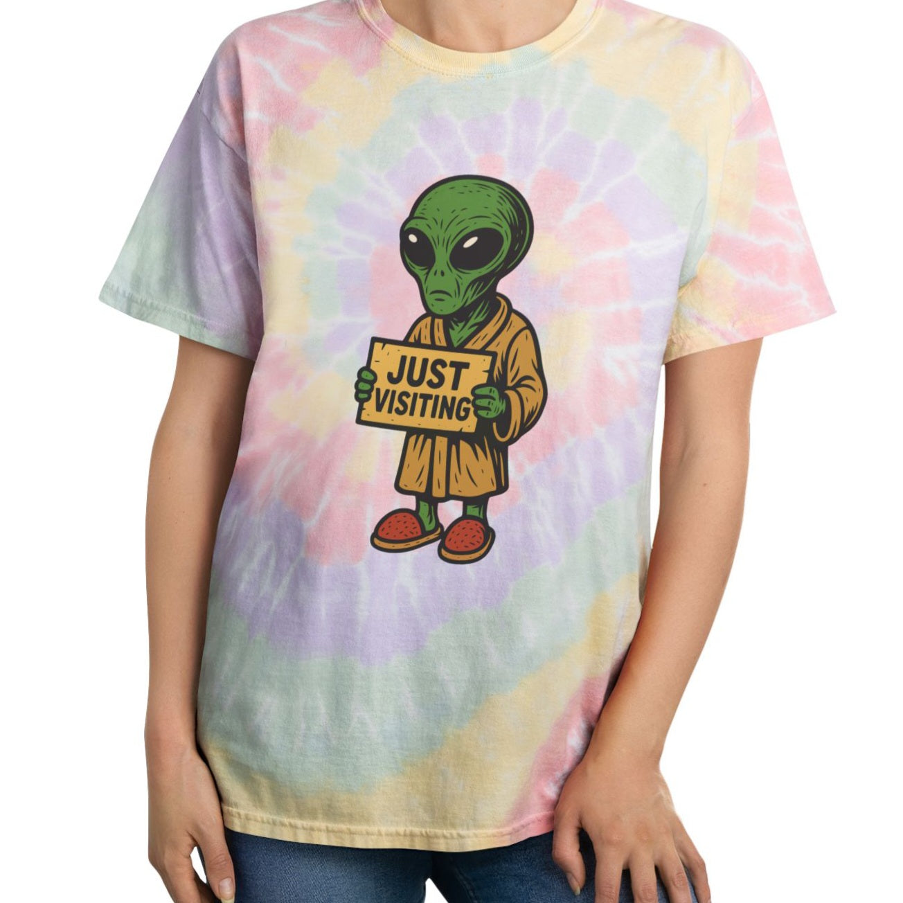 Tie-dye Just Visiting alien T-shirt, colorful retro extraterrestrial graphic – Basic Raven Apparel